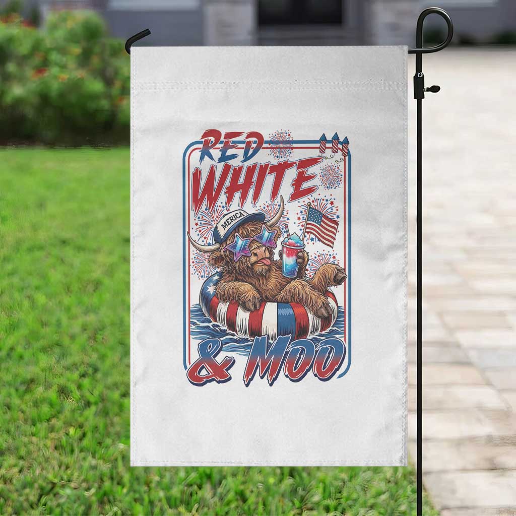 Funny Highland Cow Pool Party 4th Of July Garden Flag Red White And Moo