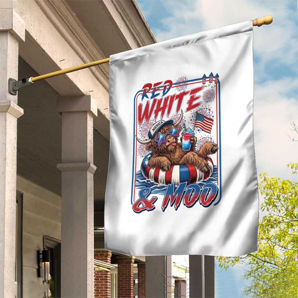 Funny Highland Cow Pool Party 4th Of July Garden Flag Red White And Moo