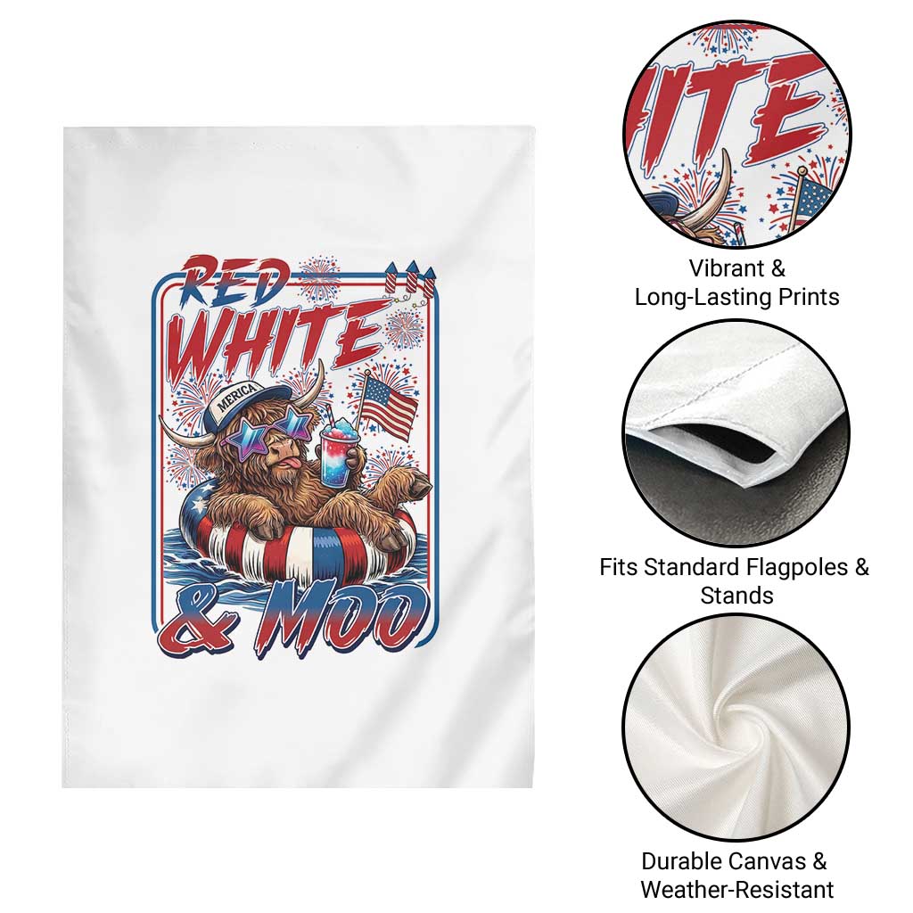 Funny Highland Cow Pool Party 4th Of July Garden Flag Red White And Moo