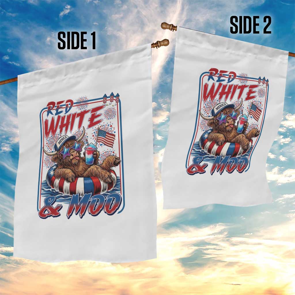 Funny Highland Cow Pool Party 4th Of July Garden Flag Red White And Moo