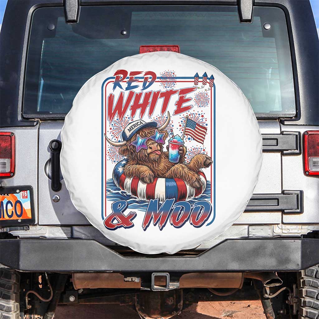 Funny Highland Cow Pool Party 4th Of July Spare Tire Cover Red White And Moo