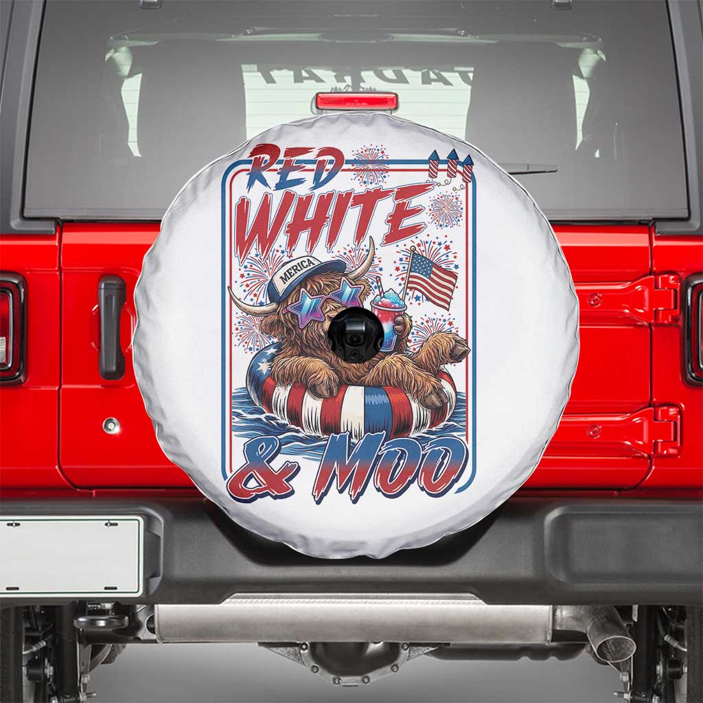 Funny Highland Cow Pool Party 4th Of July Spare Tire Cover Red White And Moo