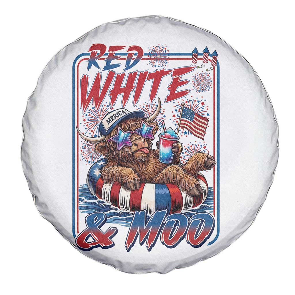 Funny Highland Cow Pool Party 4th Of July Spare Tire Cover Red White And Moo