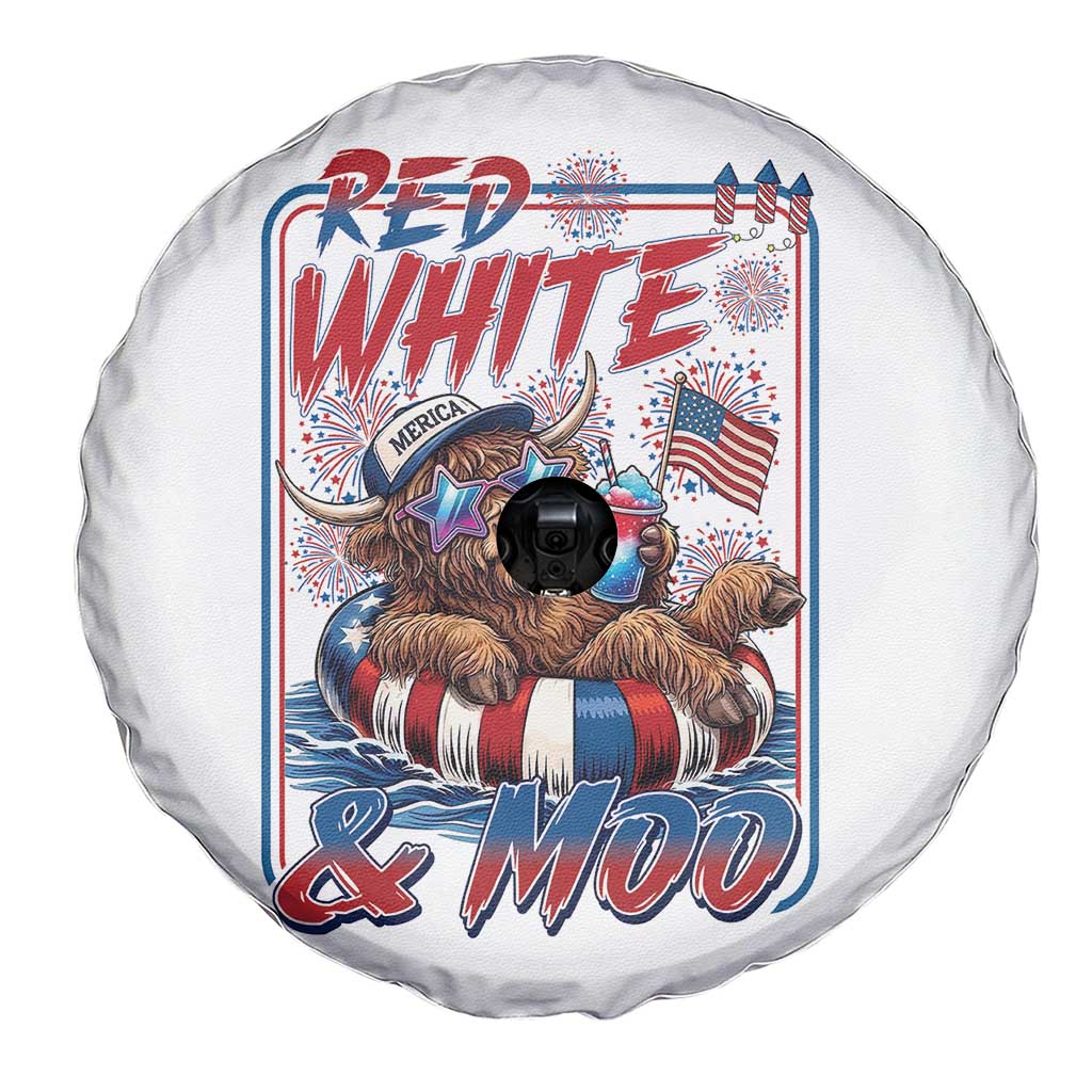 Funny Highland Cow Pool Party 4th Of July Spare Tire Cover Red White And Moo