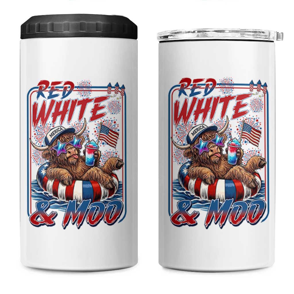 Funny Highland Cow Pool Party 4th Of July 4 in 1 Can Cooler Tumbler Red White And Moo