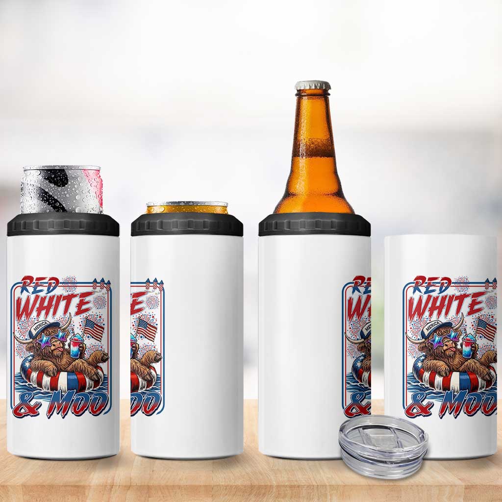 Funny Highland Cow Pool Party 4th Of July 4 in 1 Can Cooler Tumbler Red White And Moo