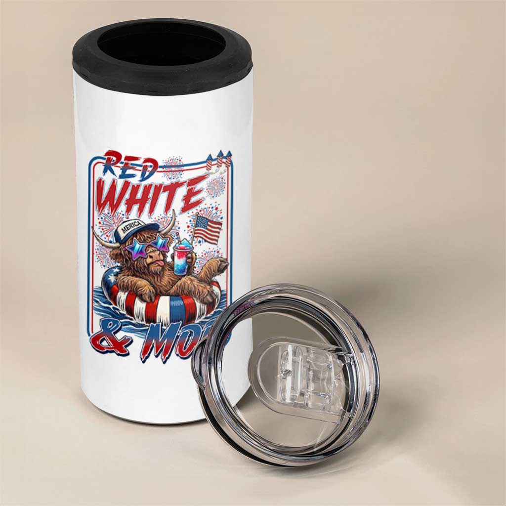 Funny Highland Cow Pool Party 4th Of July 4 in 1 Can Cooler Tumbler Red White And Moo
