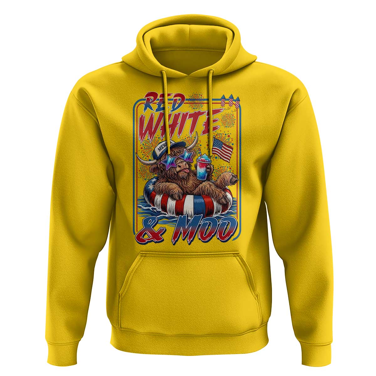 Funny Highland Cow Pool Party 4th Of July Hoodie Red White And Moo
