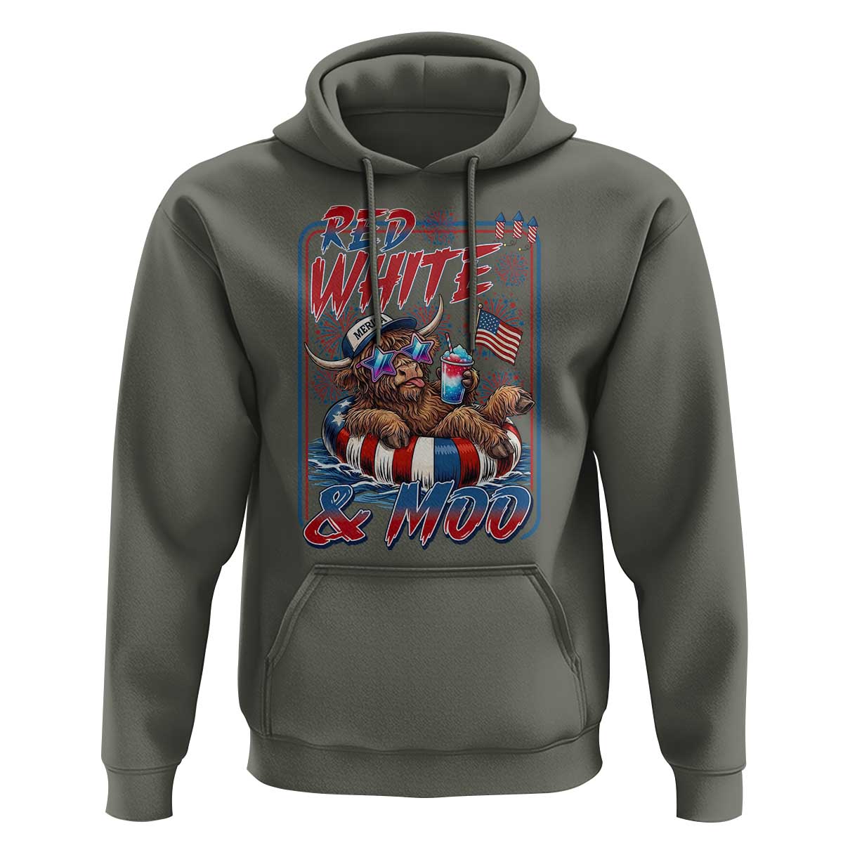 Funny Highland Cow Pool Party 4th Of July Hoodie Red White And Moo