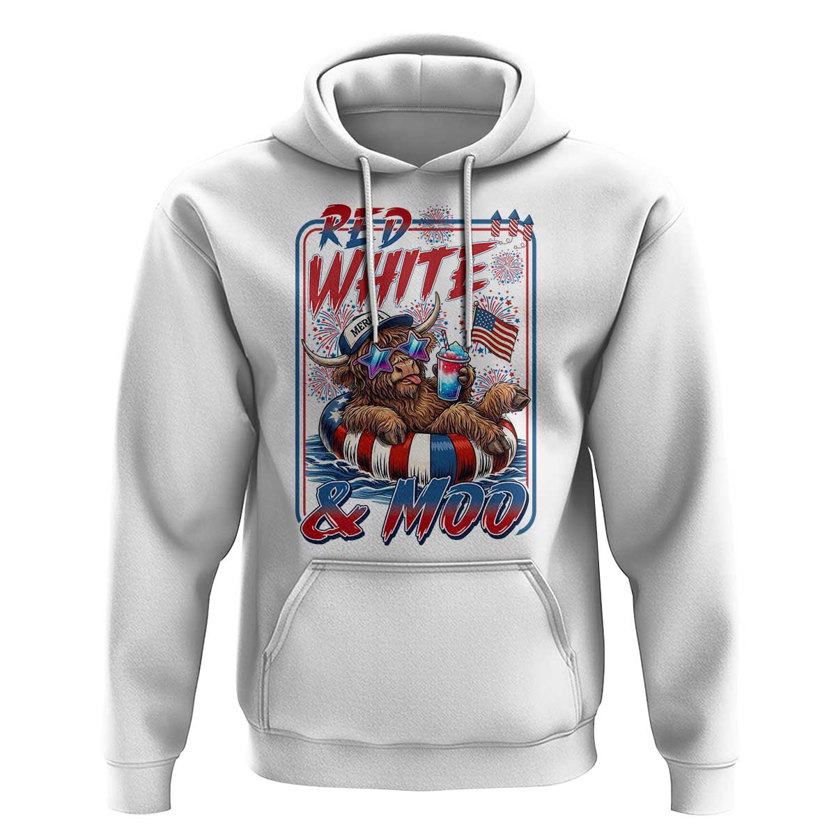 Funny Highland Cow Pool Party 4th Of July Hoodie Red White And Moo