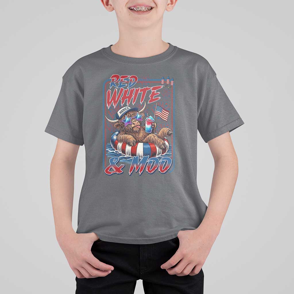 Funny Highland Cow Pool Party 4th Of July T Shirt For Kid Red White And Moo