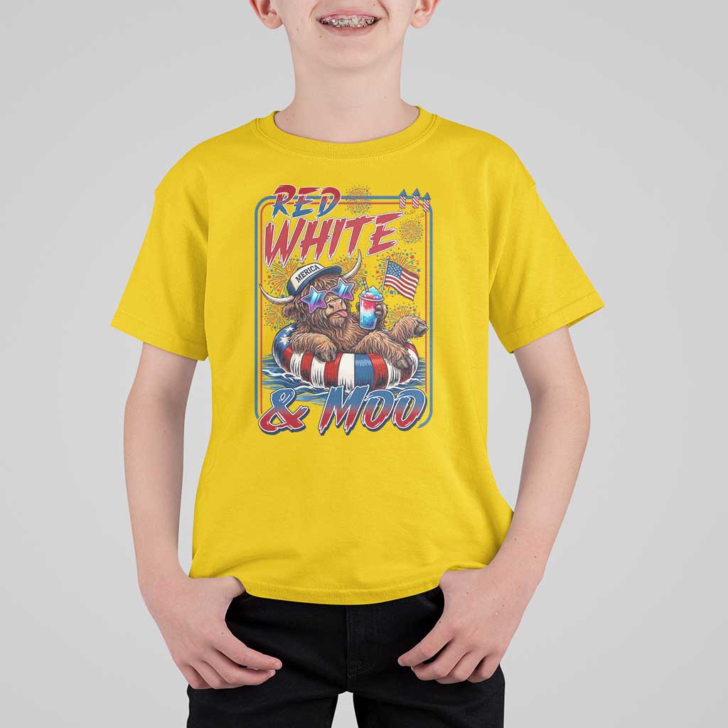 Funny Highland Cow Pool Party 4th Of July T Shirt For Kid Red White And Moo
