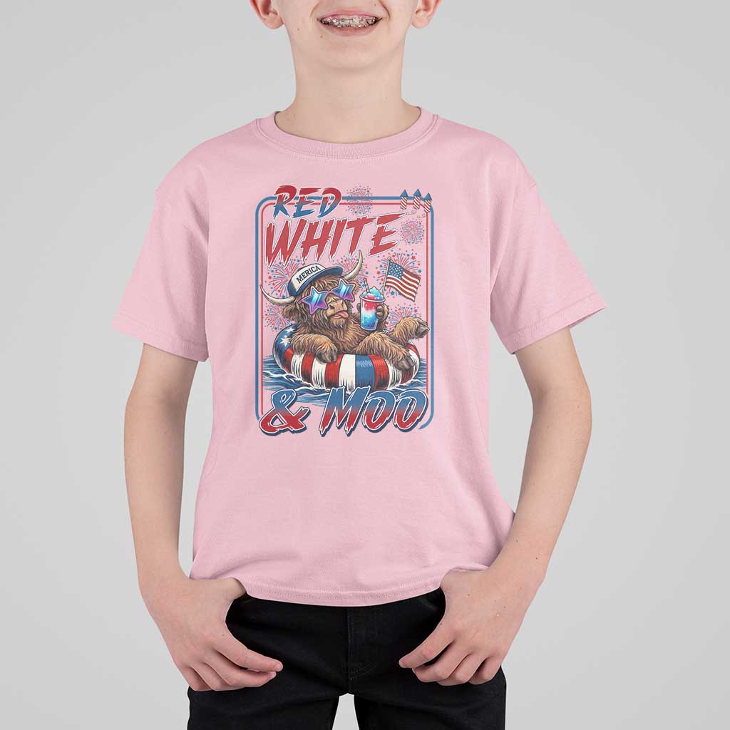 Funny Highland Cow Pool Party 4th Of July T Shirt For Kid Red White And Moo