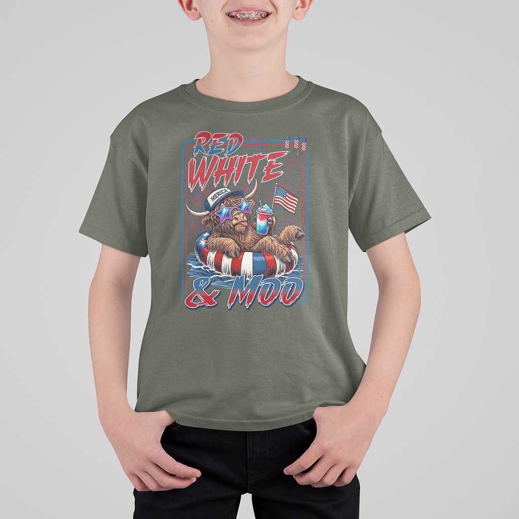 Funny Highland Cow Pool Party 4th Of July T Shirt For Kid Red White And Moo