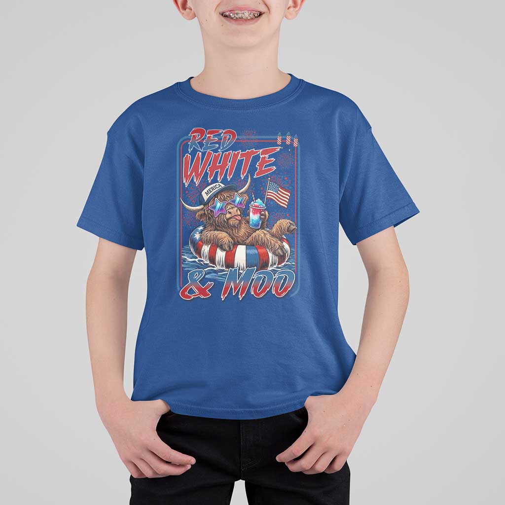 Funny Highland Cow Pool Party 4th Of July T Shirt For Kid Red White And Moo