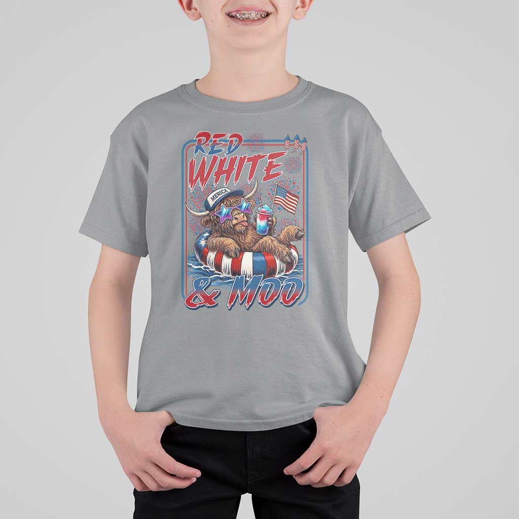 Funny Highland Cow Pool Party 4th Of July T Shirt For Kid Red White And Moo