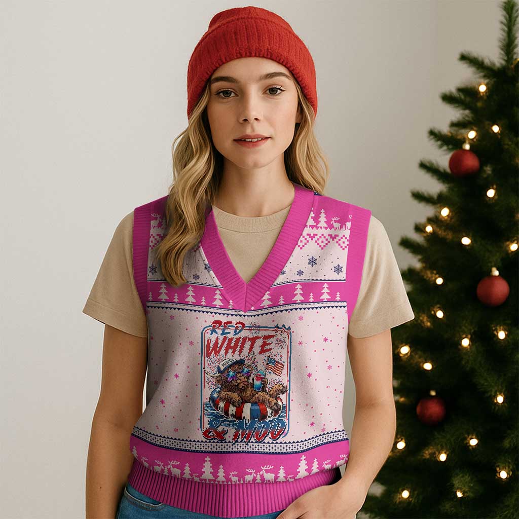 Funny Highland Cow Pool Party 4th Of July V-Neck Knit Sweater Vest Red White And Moo