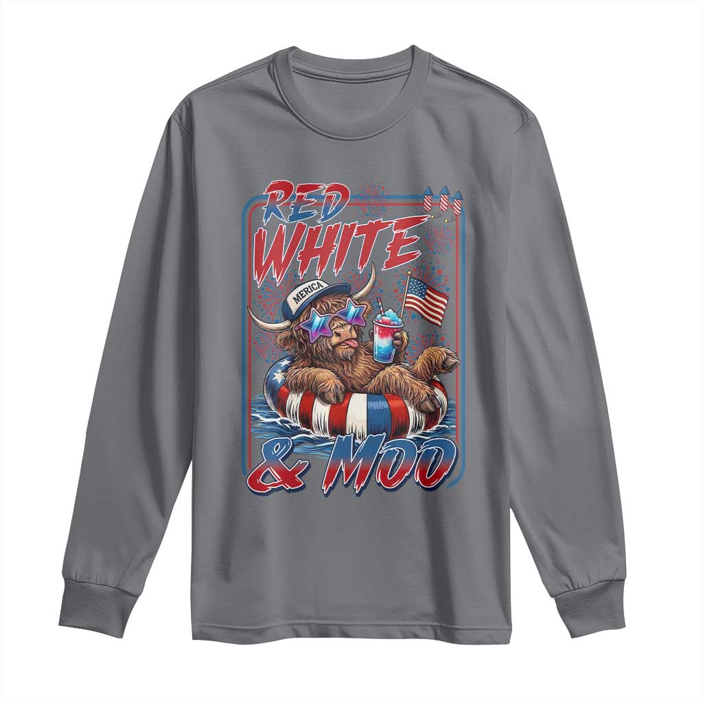 Funny Highland Cow Pool Party 4th Of July Long Sleeve Shirt Red White And Moo