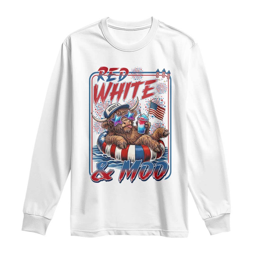 Funny Highland Cow Pool Party 4th Of July Long Sleeve Shirt Red White And Moo