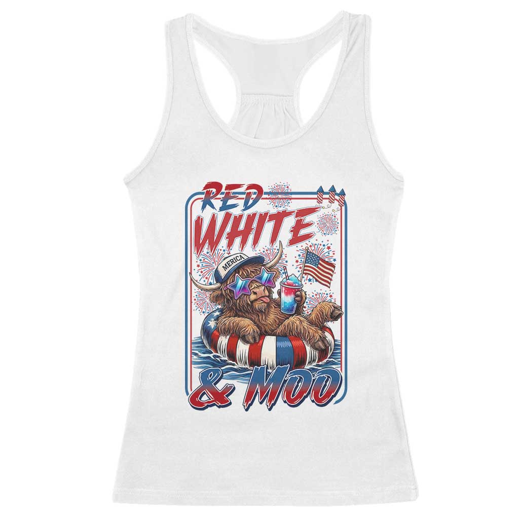 Funny Highland Cow Pool Party 4th Of July Racerback Tank Top Red White And Moo