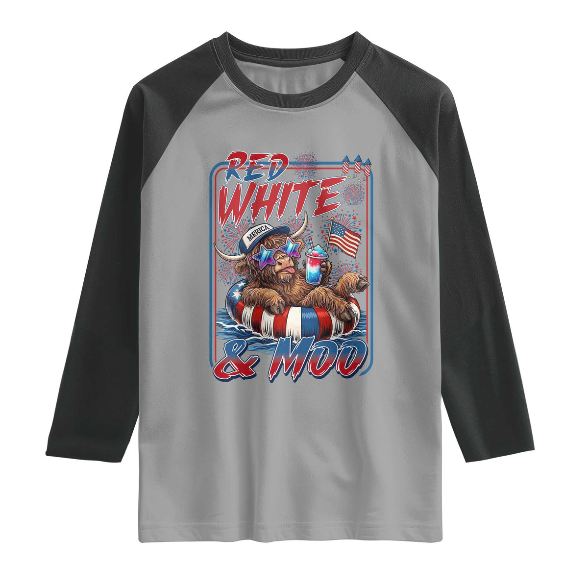 Funny Highland Cow Pool Party 4th Of July Raglan Shirt Red White And Moo
