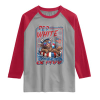 Funny Highland Cow Pool Party 4th Of July Raglan Shirt Red White And Moo