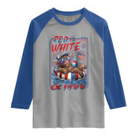 Funny Highland Cow Pool Party 4th Of July Raglan Shirt Red White And Moo