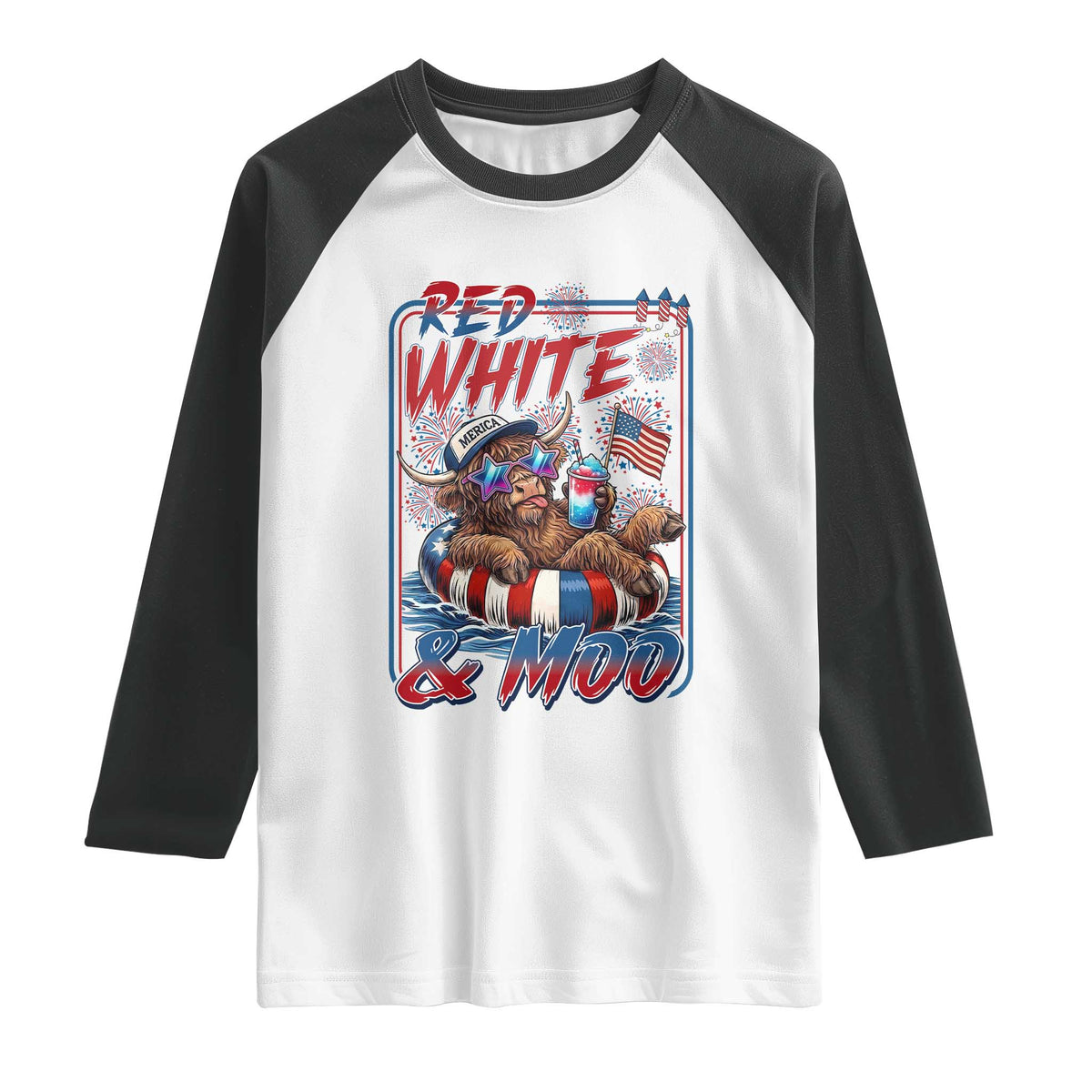 Funny Highland Cow Pool Party 4th Of July Raglan Shirt Red White And Moo