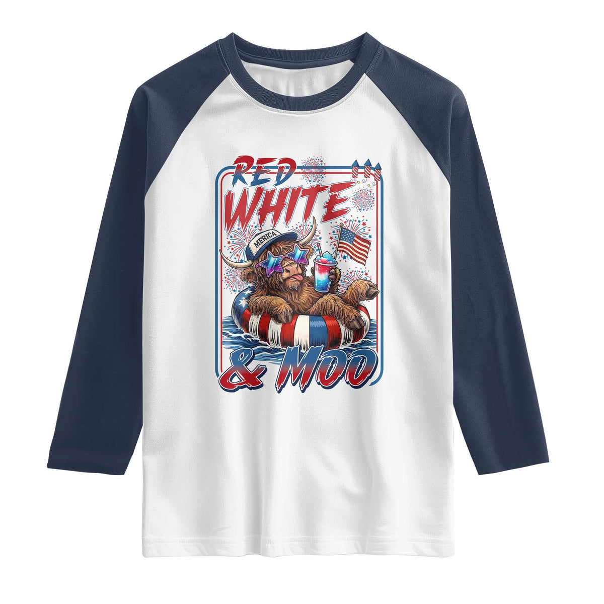 Funny Highland Cow Pool Party 4th Of July Raglan Shirt Red White And Moo