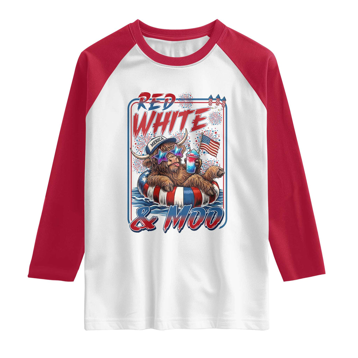 Funny Highland Cow Pool Party 4th Of July Raglan Shirt Red White And Moo