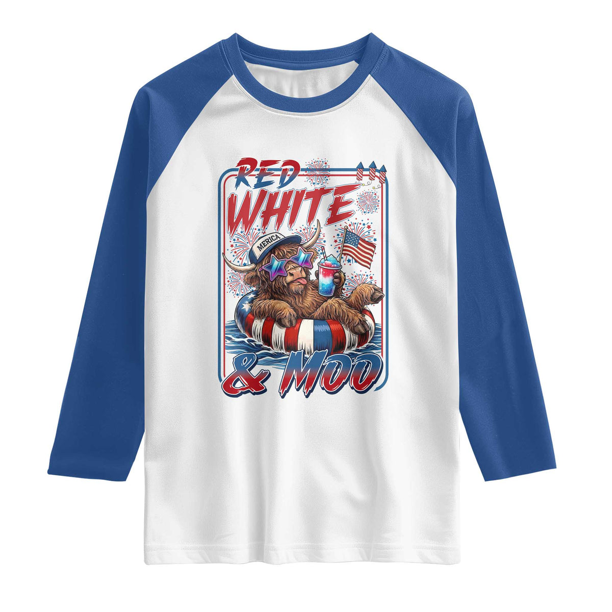 Funny Highland Cow Pool Party 4th Of July Raglan Shirt Red White And Moo