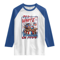 Funny Highland Cow Pool Party 4th Of July Raglan Shirt Red White And Moo