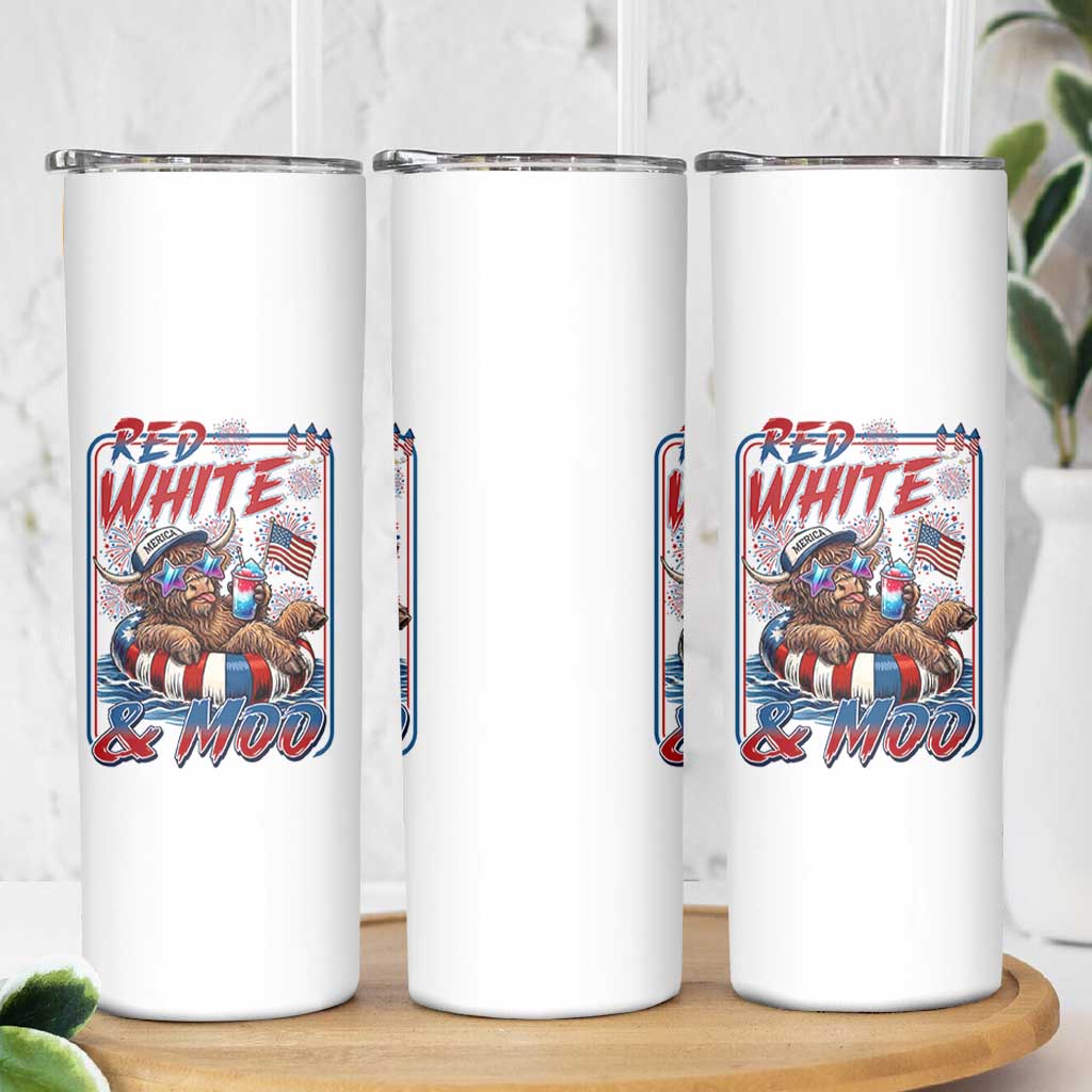 Funny Highland Cow Pool Party 4th Of July Skinny Tumbler Red White And Moo