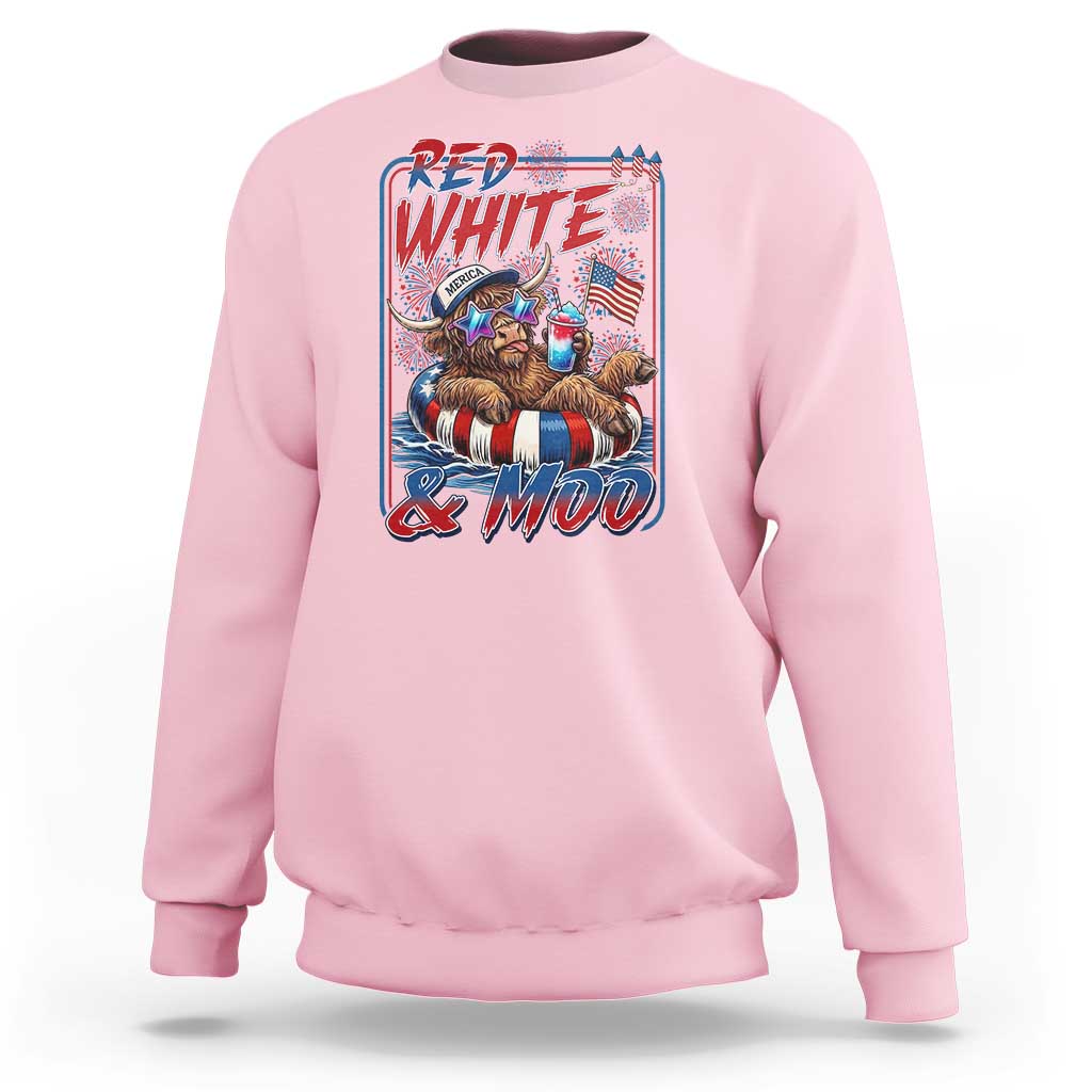 Funny Highland Cow Pool Party 4th Of July Sweatshirt Red White And Moo