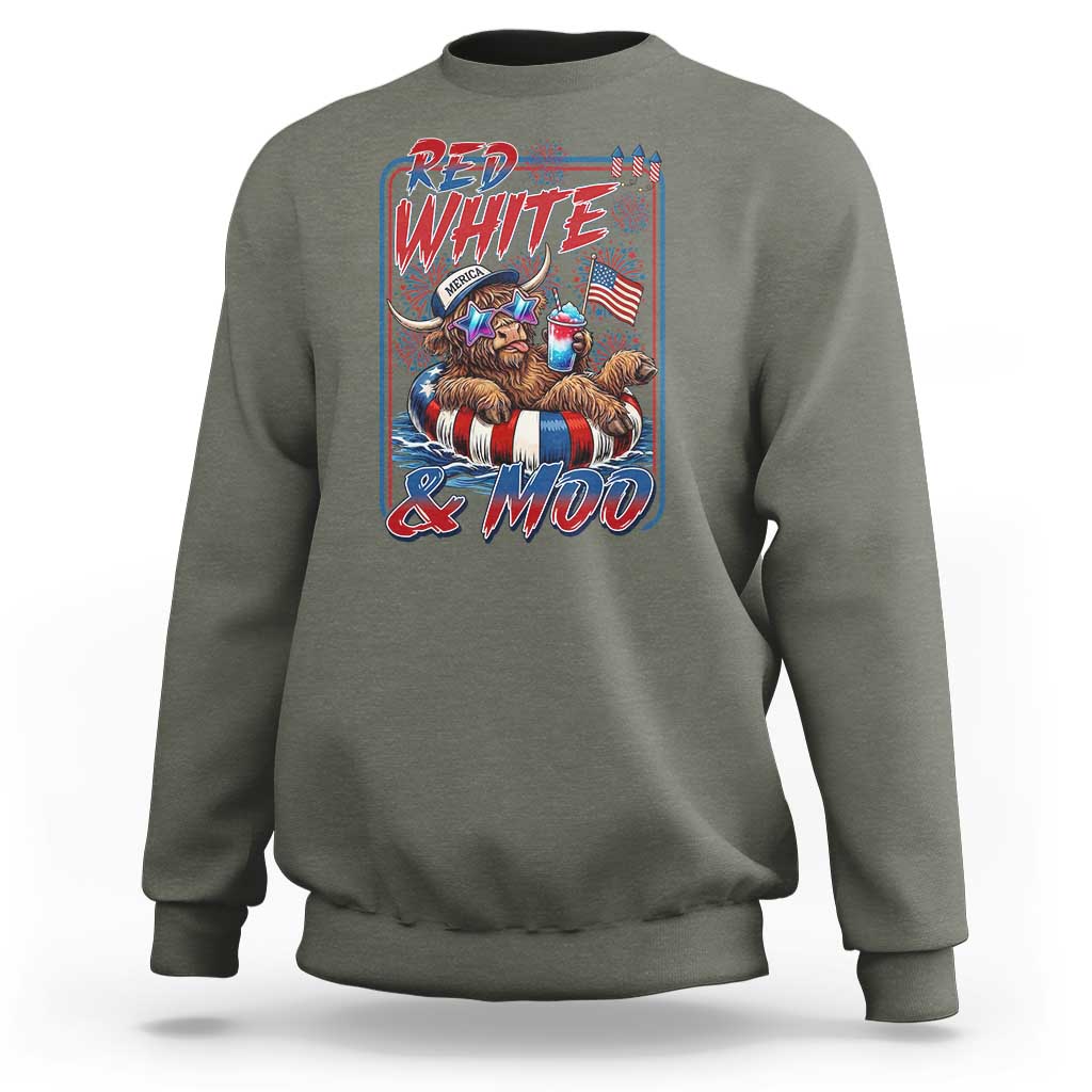Funny Highland Cow Pool Party 4th Of July Sweatshirt Red White And Moo