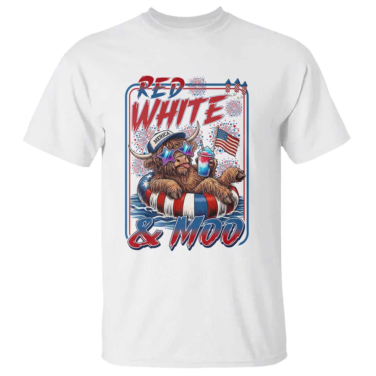 Funny Highland Cow Pool Party 4th Of July T Shirt Red White And Moo