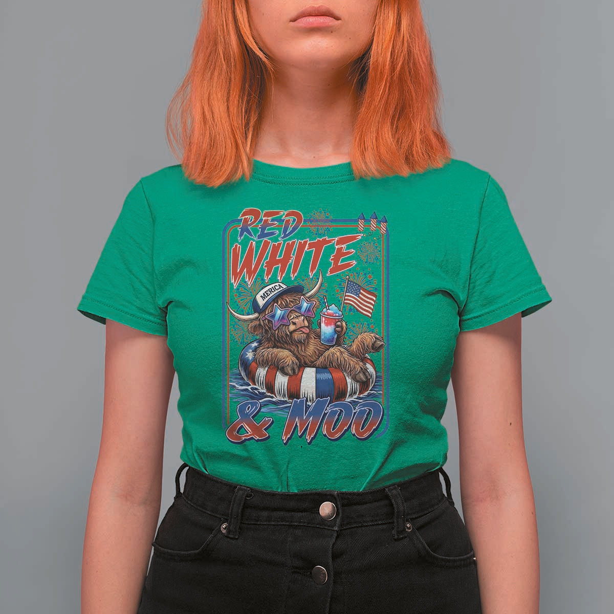 Funny Highland Cow Pool Party 4th Of July T Shirt For Women Red White And Moo