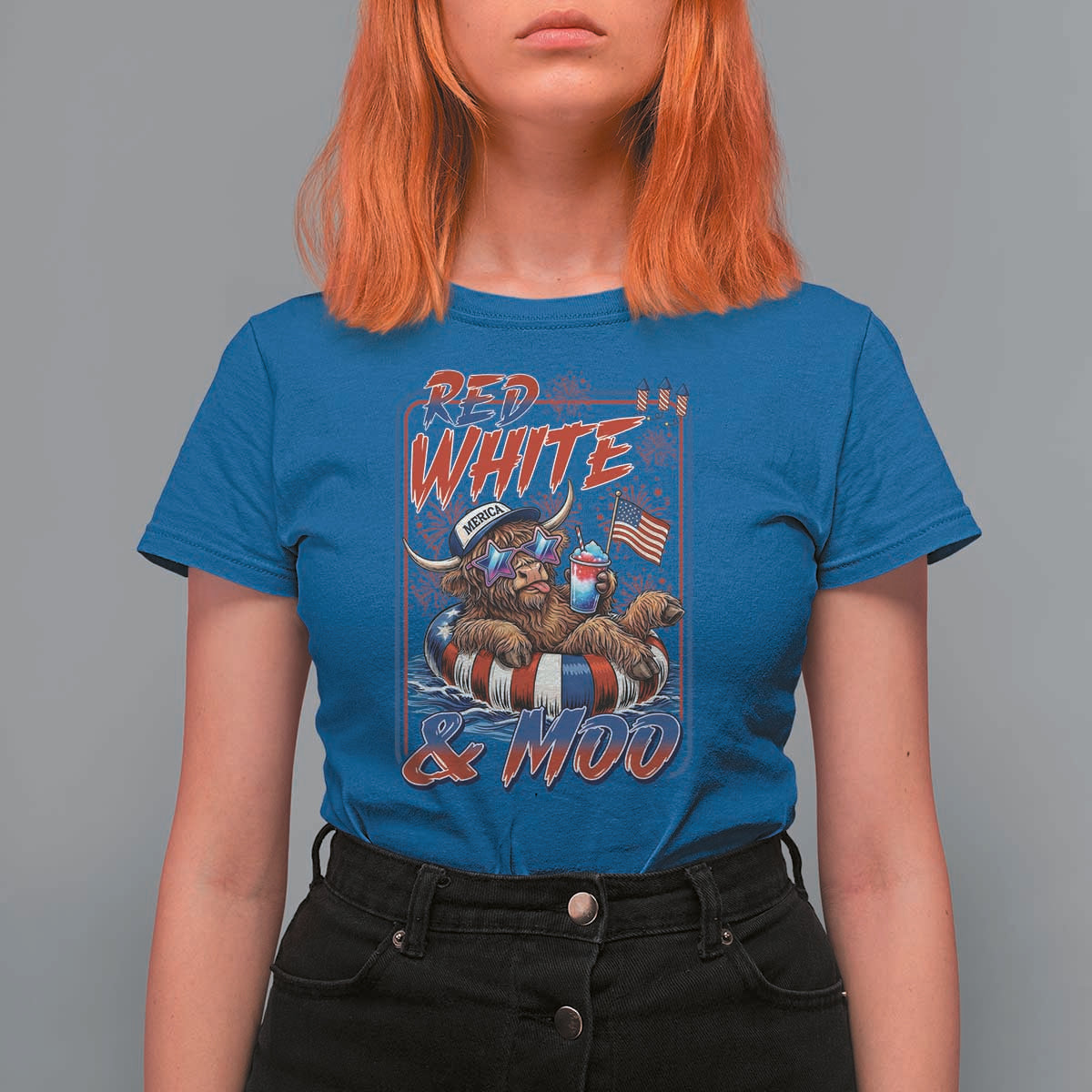 Funny Highland Cow Pool Party 4th Of July T Shirt For Women Red White And Moo