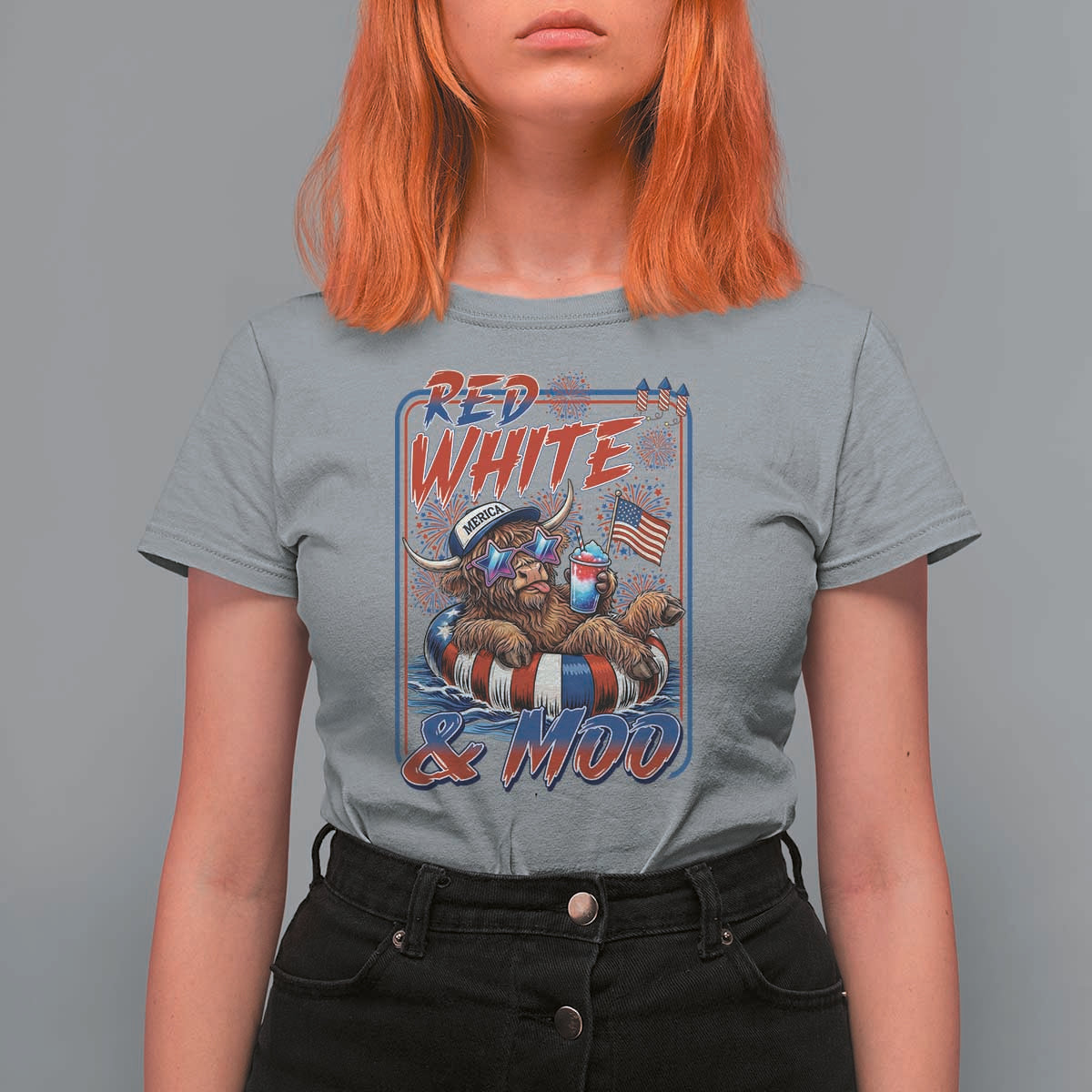 Funny Highland Cow Pool Party 4th Of July T Shirt For Women Red White And Moo