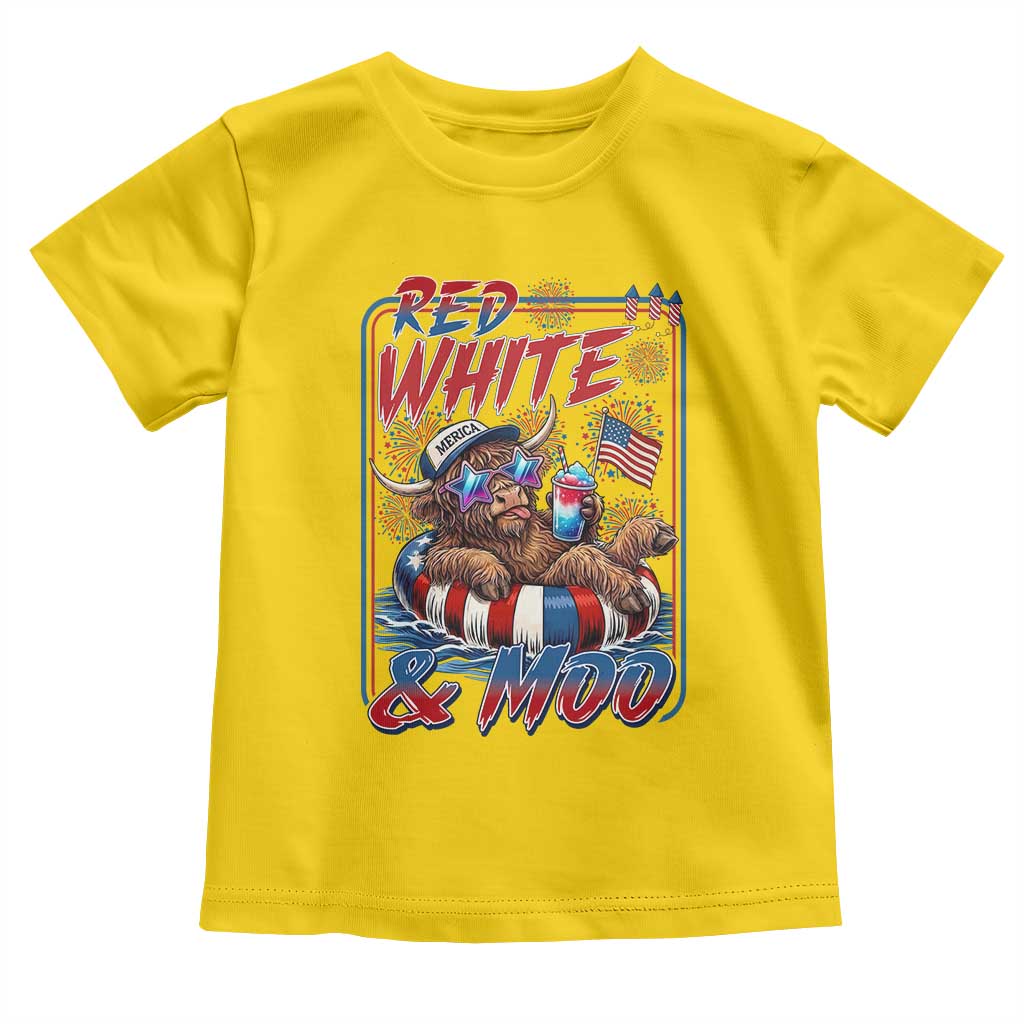 Funny Highland Cow Pool Party 4th Of July Toddler T Shirt Red White And Moo