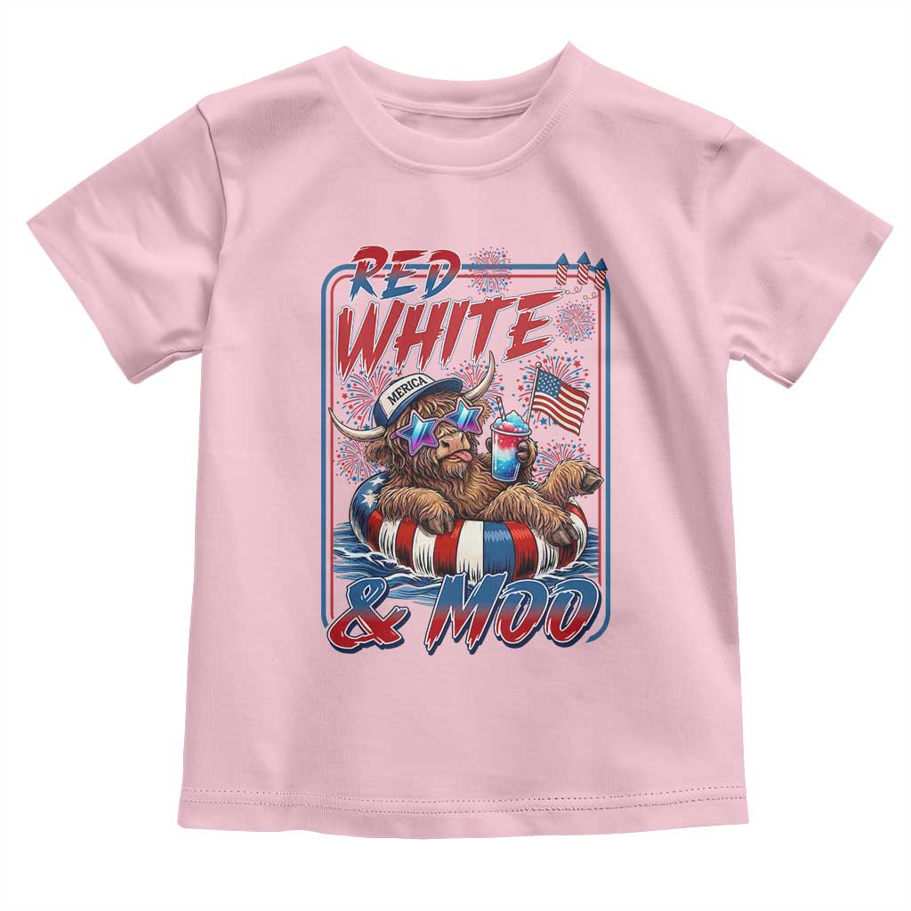 Funny Highland Cow Pool Party 4th Of July Toddler T Shirt Red White And Moo