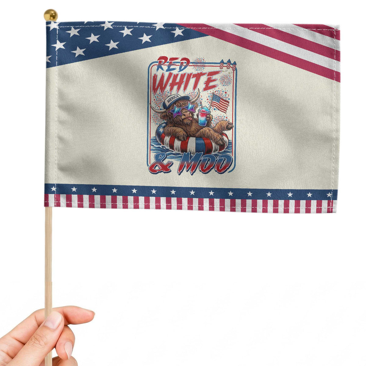 Funny Highland Cow Pool Party 4th Of July Patriotic Handheld Flag Red White And Moo