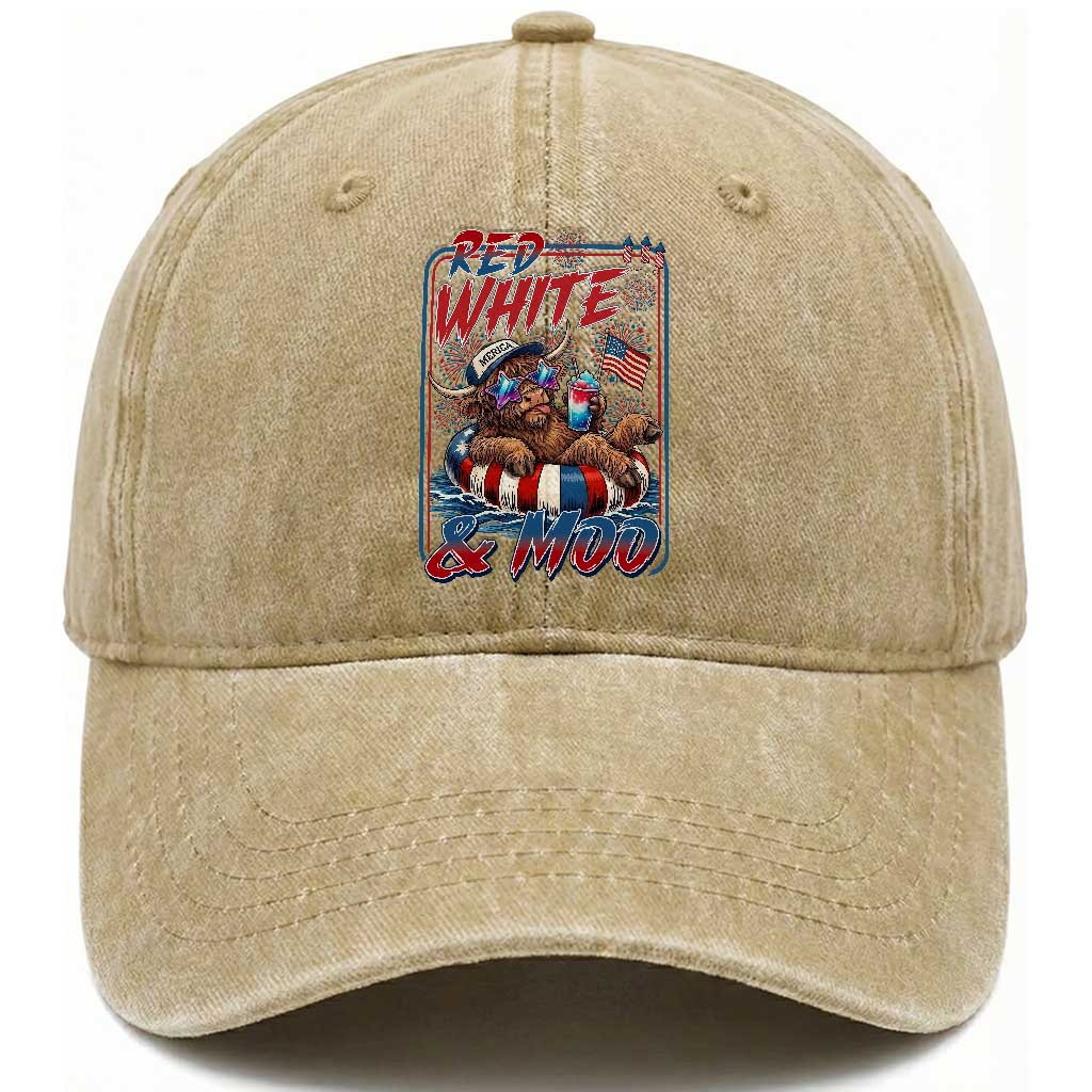 Funny Highland Cow Pool Party 4th Of July Washed Cotton Baseball Cap Red White And Moo