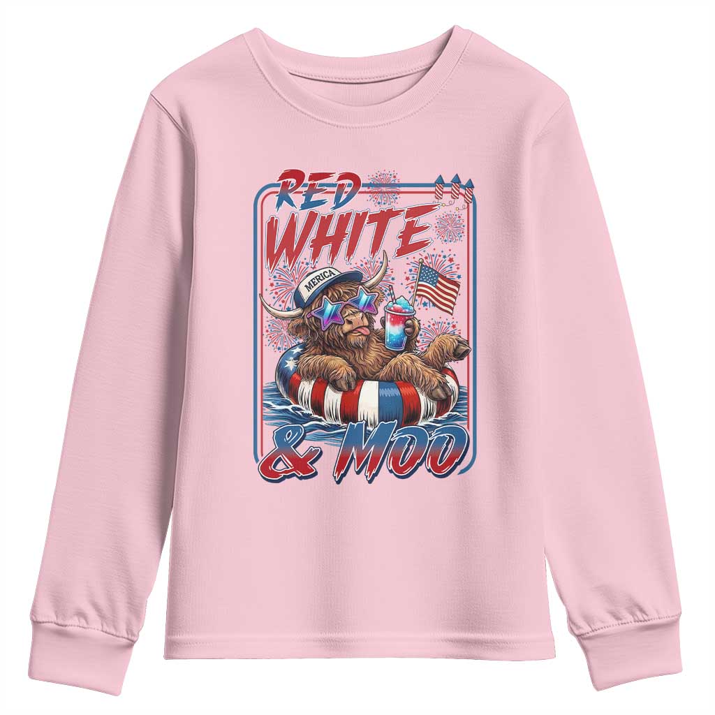 Funny Highland Cow Pool Party 4th Of July Youth Sweatshirt Red White And Moo