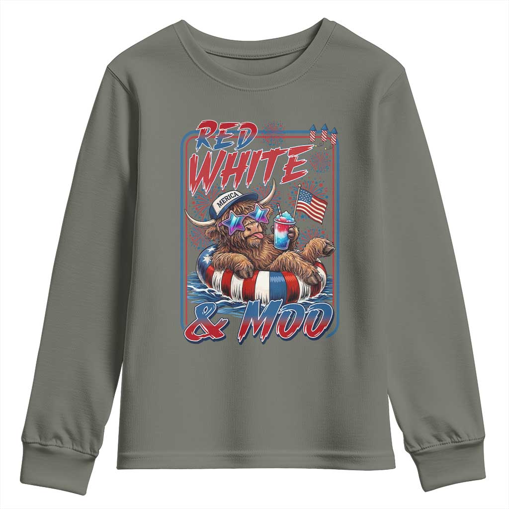 Funny Highland Cow Pool Party 4th Of July Youth Sweatshirt Red White And Moo