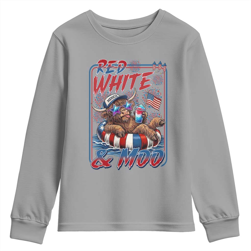 Funny Highland Cow Pool Party 4th Of July Youth Sweatshirt Red White And Moo