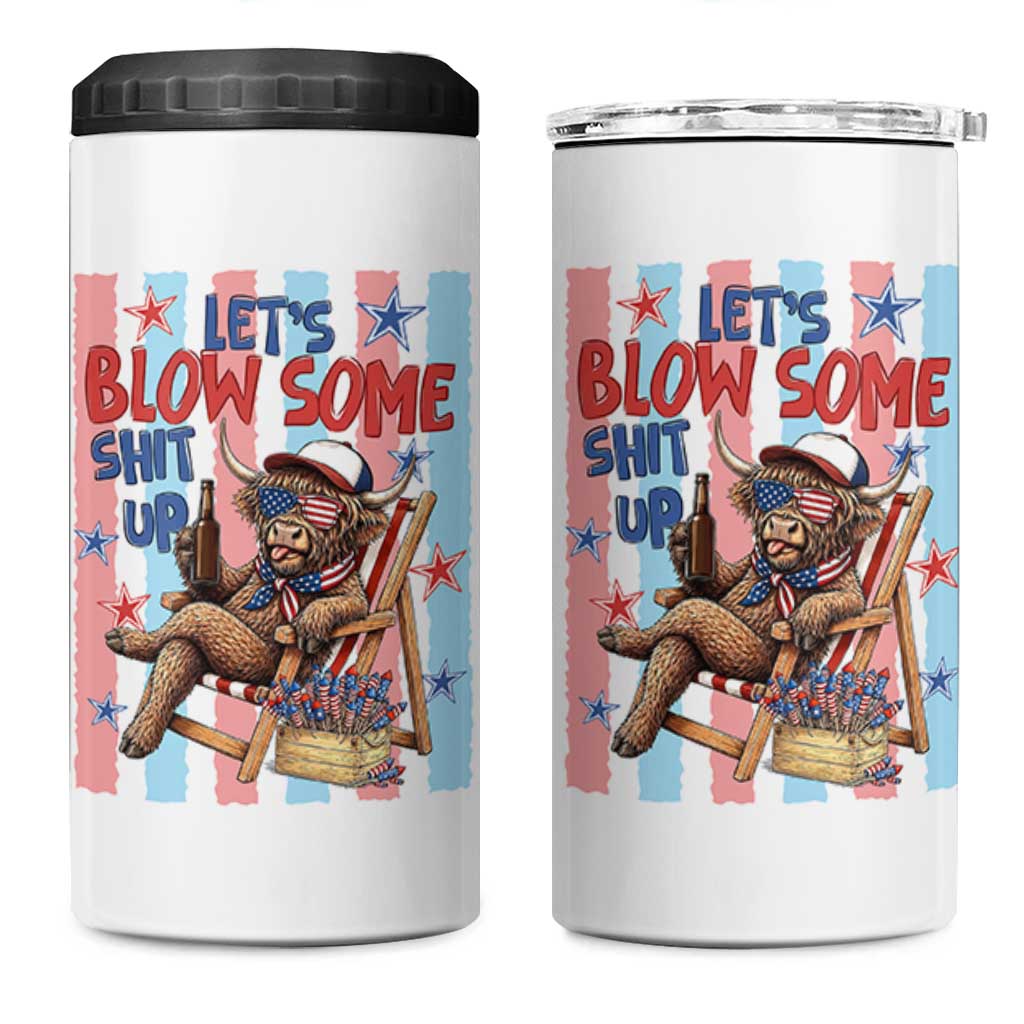 Funny Patriotic Highland Cow 4 in 1 Can Cooler Tumbler 4th Of July Fireworks Celebration