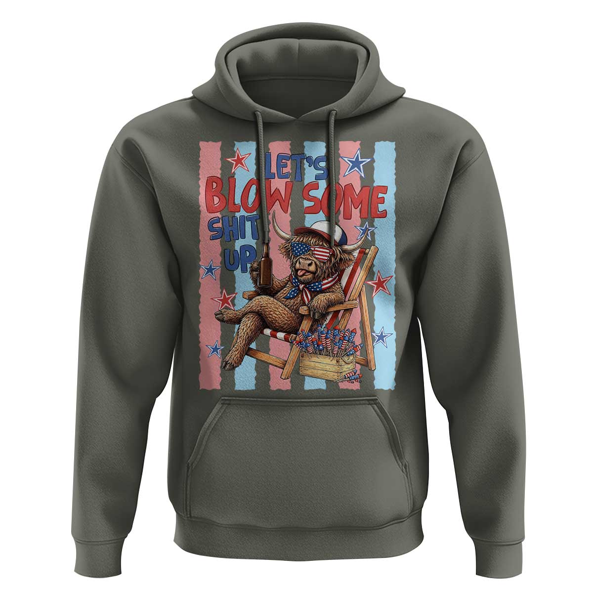 Funny Patriotic Highland Cow Hoodie 4th Of July Fireworks Celebration