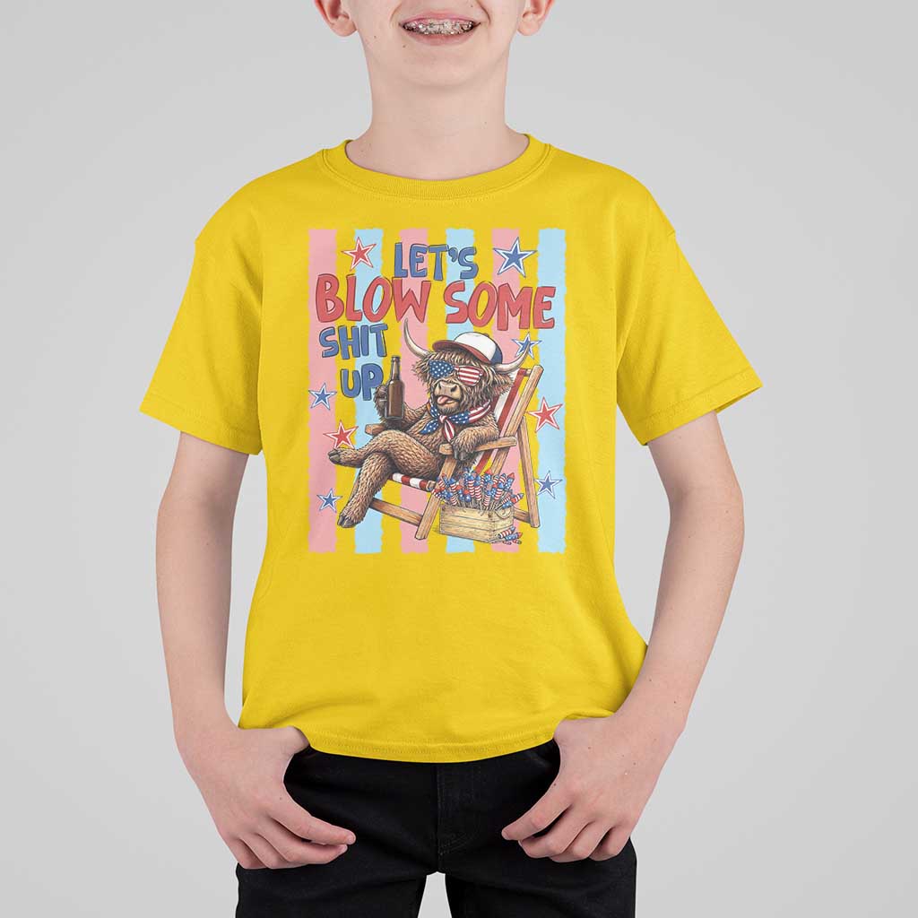 Funny Patriotic Highland Cow T Shirt For Kid 4th Of July Fireworks Celebration