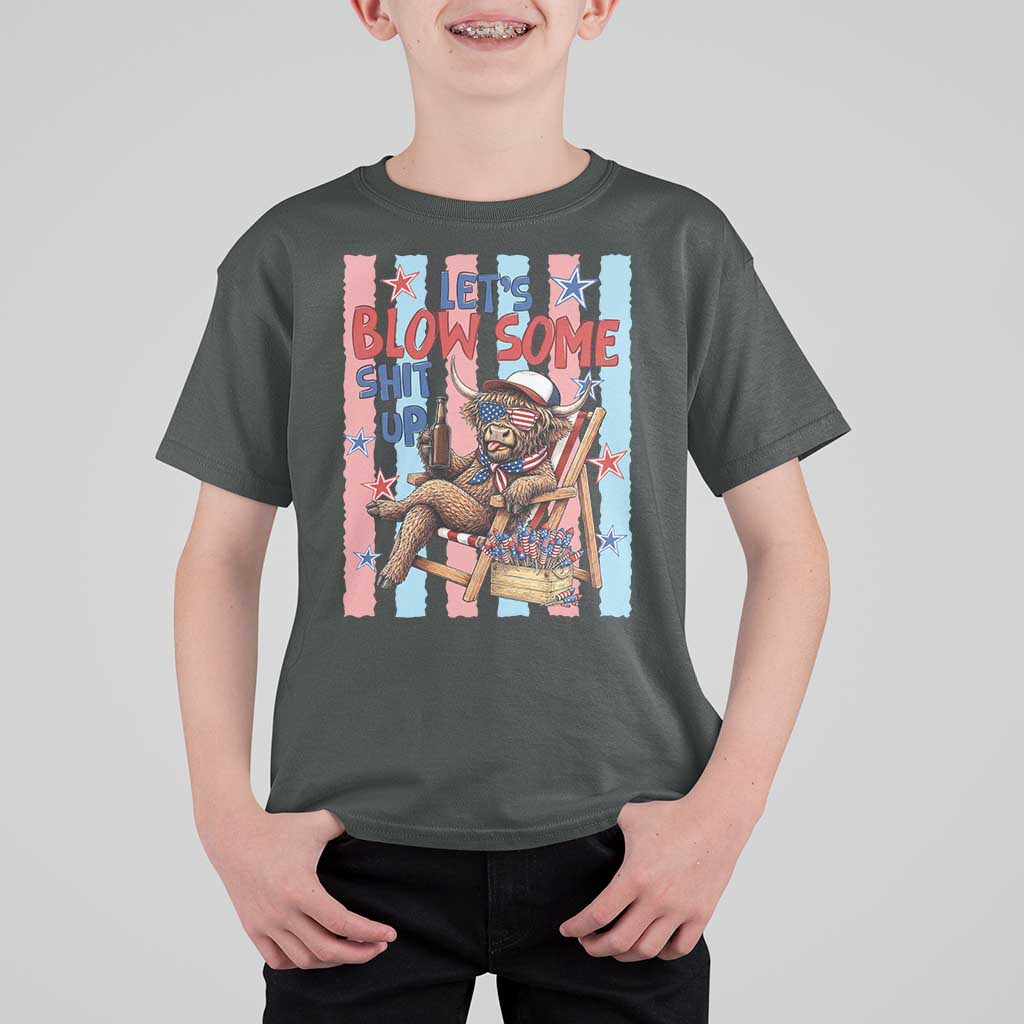 Funny Patriotic Highland Cow T Shirt For Kid 4th Of July Fireworks Celebration